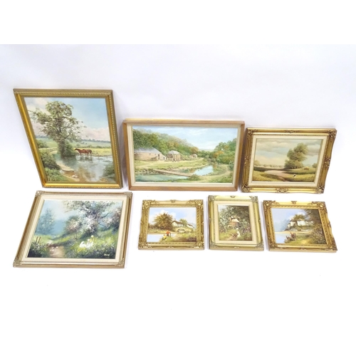 325 - Seven assorted oil paintings to include rural scenes by Les Parson, Three girls watching chickens on... 