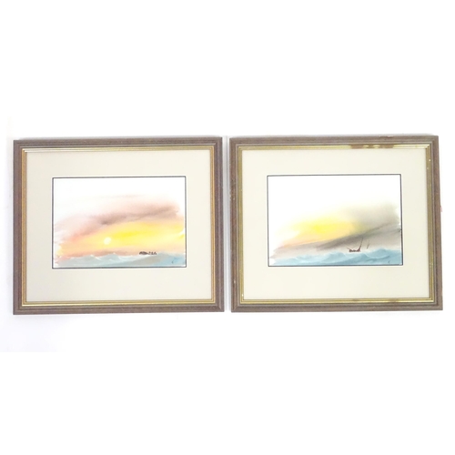 378 - Thomas Castle, 20th century, Watercolours, A pair of coastal sunset scenes with shipping. Signed wit... 