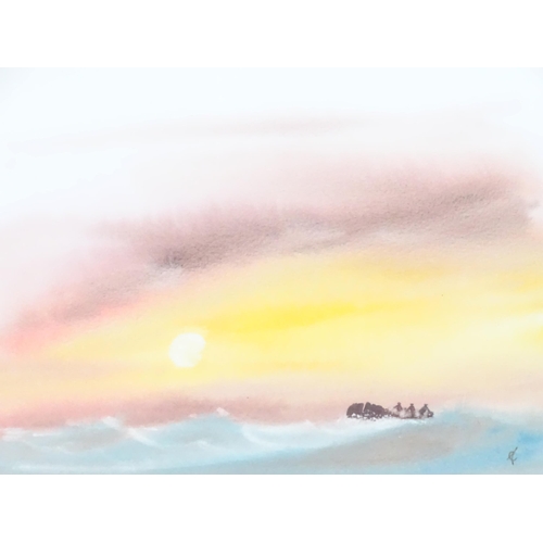 378 - Thomas Castle, 20th century, Watercolours, A pair of coastal sunset scenes with shipping. Signed wit... 