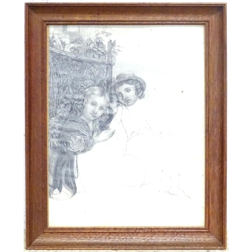 387 - A pencil drawing depicting two children in a garden. Approx. 7