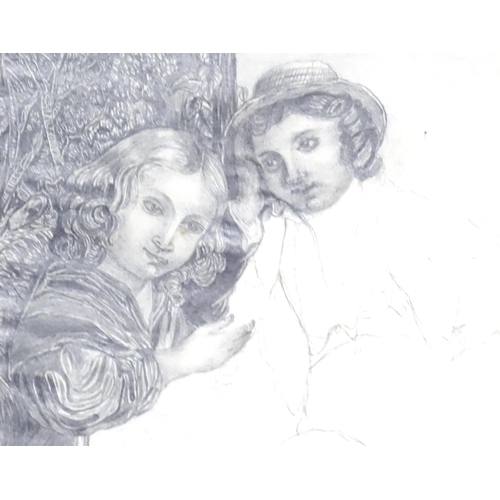 387 - A pencil drawing depicting two children in a garden. Approx. 7