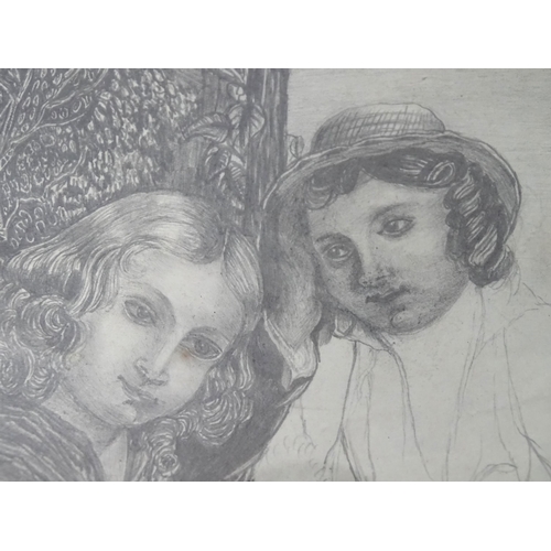 387 - A pencil drawing depicting two children in a garden. Approx. 7