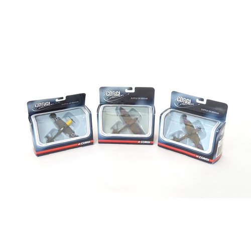 398 - Toys: Three Corgi Toys die cast / scale model planes from the Battle of Britain series to include Me... 