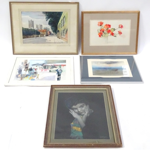 114 - A quantity of 20thC paintings comprising watercolour titled Lincoln Eastgate by C Speed, mixed media... 