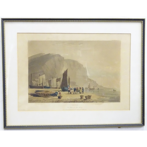 194 - A 19thC aquatint after David Cox titled Morning, Fish Market on the Beach Hastings. Approx. 11 1/2