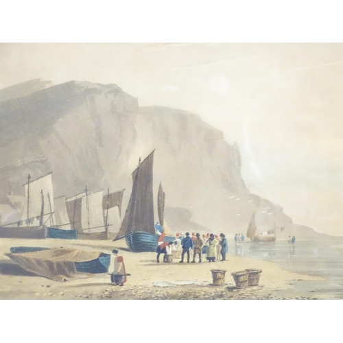 194 - A 19thC aquatint after David Cox titled Morning, Fish Market on the Beach Hastings. Approx. 11 1/2