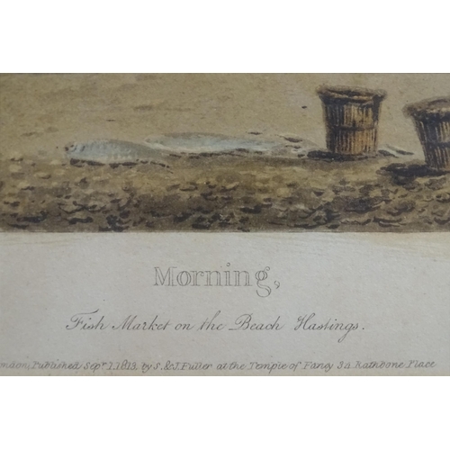 194 - A 19thC aquatint after David Cox titled Morning, Fish Market on the Beach Hastings. Approx. 11 1/2