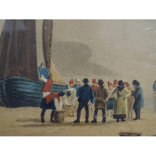 194 - A 19thC aquatint after David Cox titled Morning, Fish Market on the Beach Hastings. Approx. 11 1/2