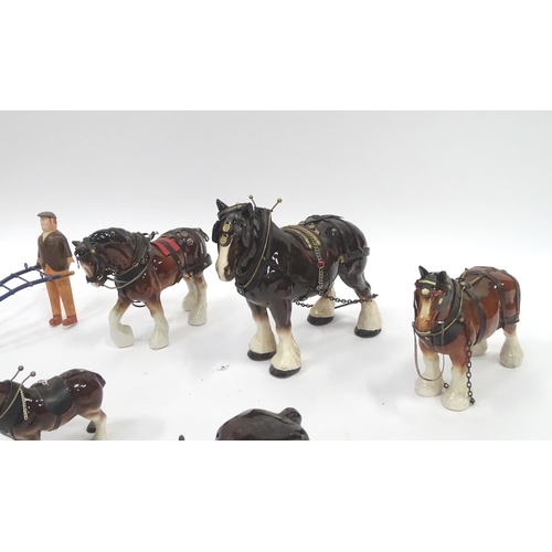 257 - A quantity of ceramic shire horses to include examples by Melba Ware, Beswick, etc. Together with a ... 