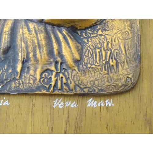 327 - A copper plaque depicting a mother and child. Signed under 'Handmade in S Rhodesia... Vera Maw'. App... 