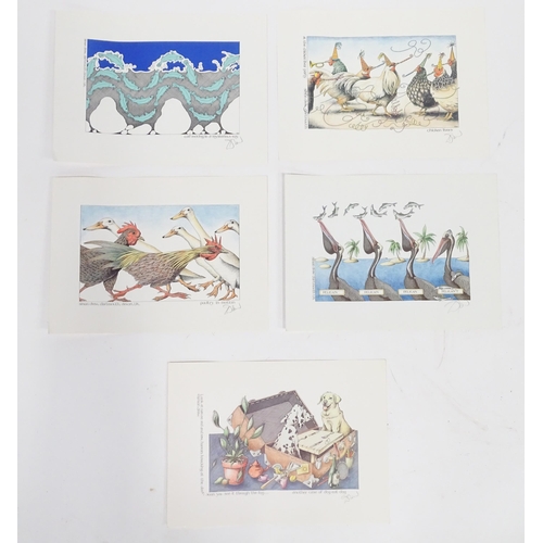 331 - Five humorous signed prints by Simon Drew to include Poultry in Motion, At the Chicken Liver Party, ... 