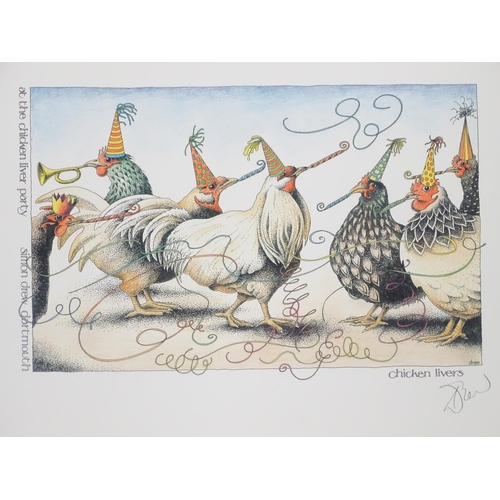 331 - Five humorous signed prints by Simon Drew to include Poultry in Motion, At the Chicken Liver Party, ... 