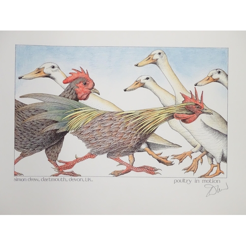 331 - Five humorous signed prints by Simon Drew to include Poultry in Motion, At the Chicken Liver Party, ... 