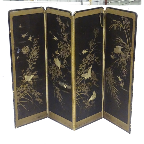 340 - A Japanese four-fold screen, with silkwork panels depicting birds and butterflies amongst foliage, t... 