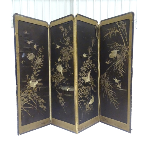 340 - A Japanese four-fold screen, with silkwork panels depicting birds and butterflies amongst foliage, t... 