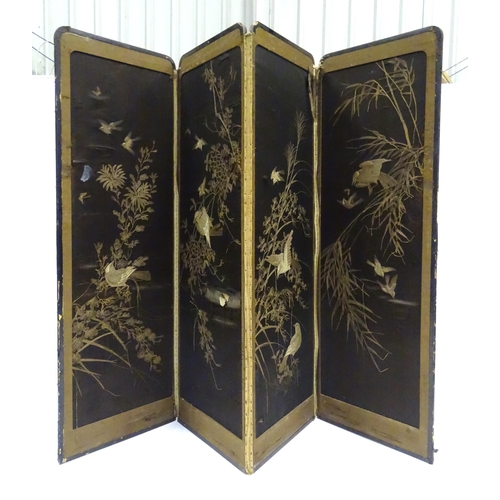 340 - A Japanese four-fold screen, with silkwork panels depicting birds and butterflies amongst foliage, t... 