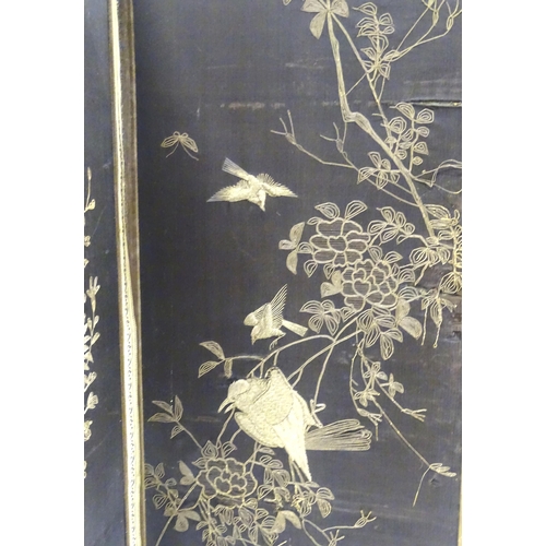 340 - A Japanese four-fold screen, with silkwork panels depicting birds and butterflies amongst foliage, t... 