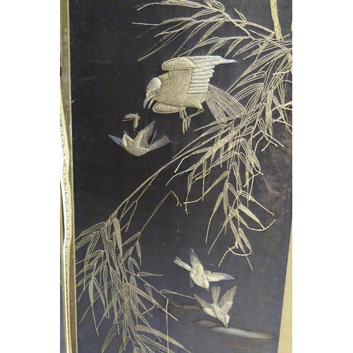 340 - A Japanese four-fold screen, with silkwork panels depicting birds and butterflies amongst foliage, t... 