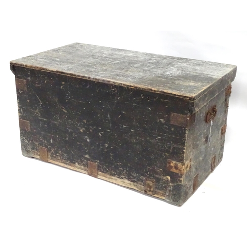 350 - An early 20thC painted pine trunk / chest / blanket box , with bracket reinforcements and loop handl... 