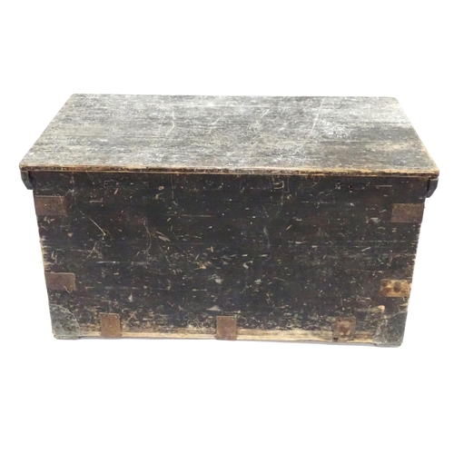 350 - An early 20thC painted pine trunk / chest / blanket box , with bracket reinforcements and loop handl... 