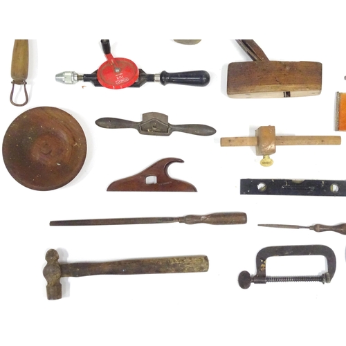 381 - A quantity of carpentry / woodworking tools , including jack planes, saws, hammer, a rebate plane by... 