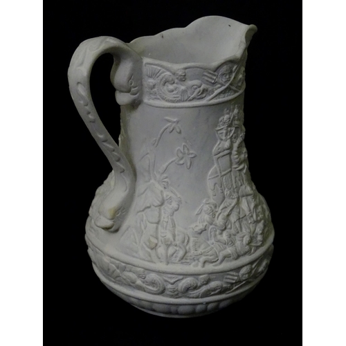 459 - Three Portmeirion Parian ware jugs with relief detail. Largest approx. 4 1/2