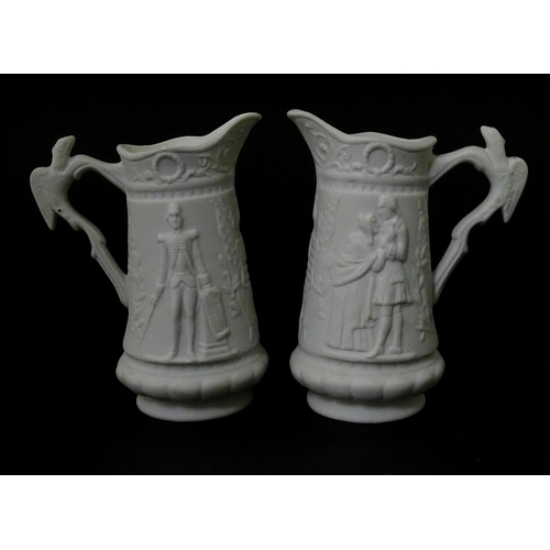 459 - Three Portmeirion Parian ware jugs with relief detail. Largest approx. 4 1/2