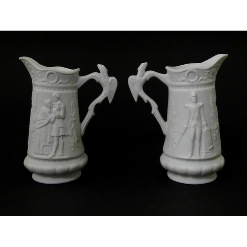 459 - Three Portmeirion Parian ware jugs with relief detail. Largest approx. 4 1/2