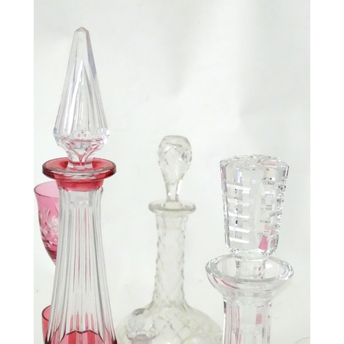 383 - A quantity of assorted glassware to include decanters, cranberry glasses, 19thC table salt, small sc... 