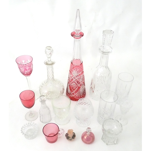 383 - A quantity of assorted glassware to include decanters, cranberry glasses, 19thC table salt, small sc... 