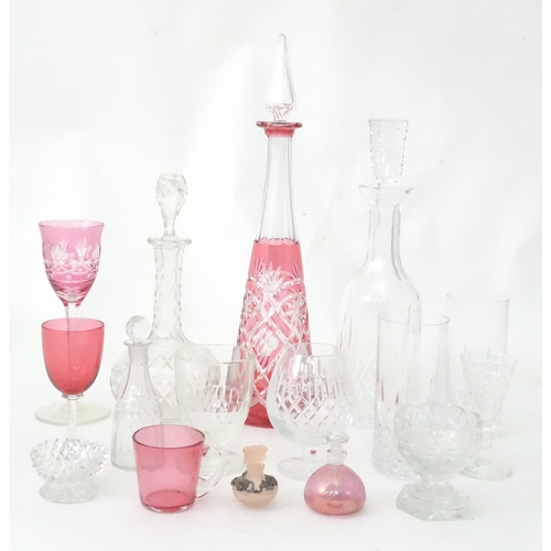 383 - A quantity of assorted glassware to include decanters, cranberry glasses, 19thC table salt, small sc... 