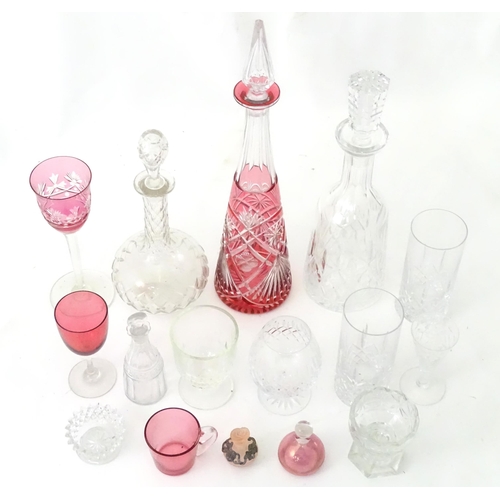 383 - A quantity of assorted glassware to include decanters, cranberry glasses, 19thC table salt, small sc... 