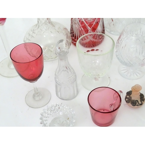 383 - A quantity of assorted glassware to include decanters, cranberry glasses, 19thC table salt, small sc... 