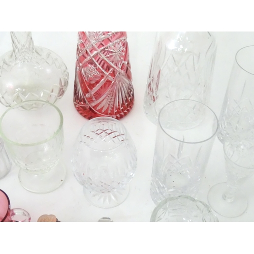 383 - A quantity of assorted glassware to include decanters, cranberry glasses, 19thC table salt, small sc... 