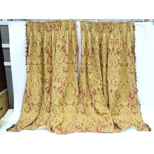 1091 - Three pairs of curtains decorated with textured acanthus motifs, together with two matching cushions... 