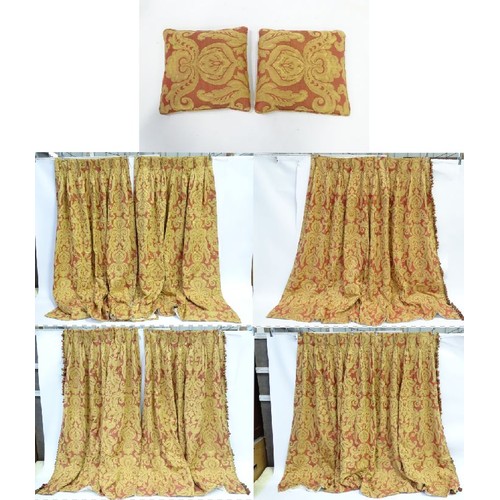 1091 - Three pairs of curtains decorated with textured acanthus motifs, together with two matching cushions... 