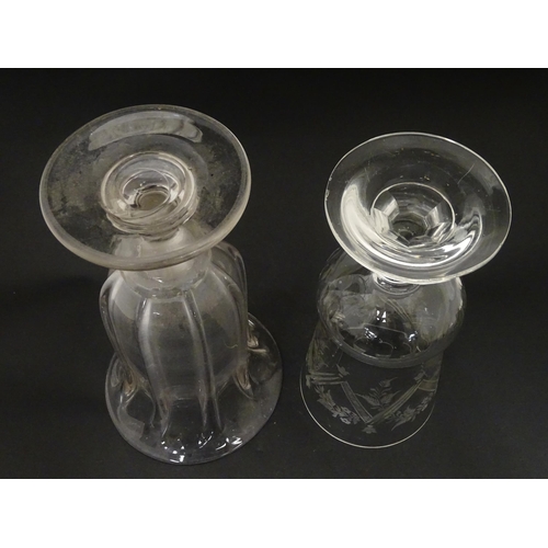 271 - Two Victorian pedestal glass vases / celery vases, one with flared rim, the other with etched decora... 