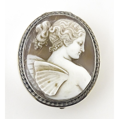 347 - A silver pill box with shell carved cameo to lid depicting a fairy, hallmarked Chester 1904, maker C... 