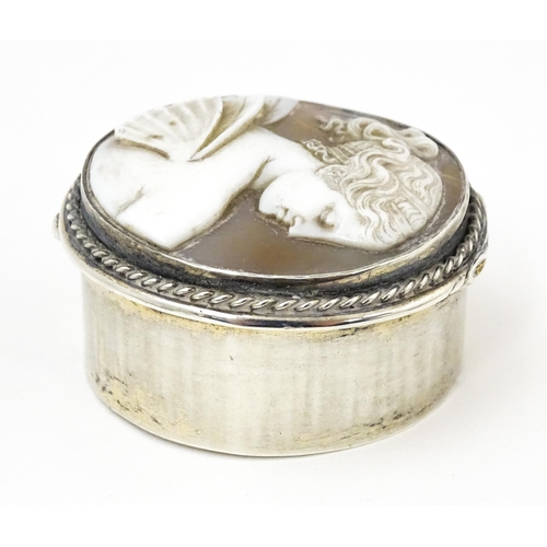 347 - A silver pill box with shell carved cameo to lid depicting a fairy, hallmarked Chester 1904, maker C... 