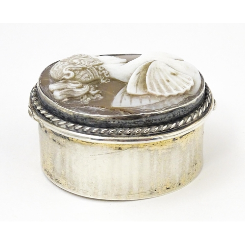 347 - A silver pill box with shell carved cameo to lid depicting a fairy, hallmarked Chester 1904, maker C... 