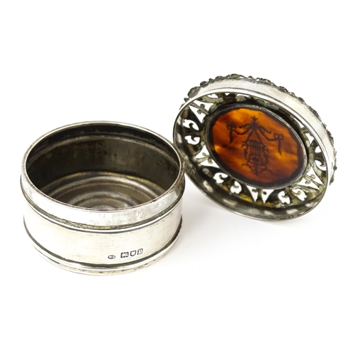 352 - A silver dressing table pot and cover with tortoiseshell panel to lid with pique style decoration, h... 