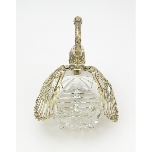 358 - A cut glass and silver table salt of swan form, with import marks for London 1972. Approx. 3 3/4