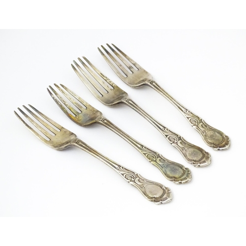 369 - Four silver forks hallmarked Birmingham 1898 / 1899, maker Elkington & Co. Ltd. Approx. 7