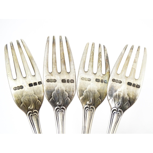 369 - Four silver forks hallmarked Birmingham 1898 / 1899, maker Elkington & Co. Ltd. Approx. 7