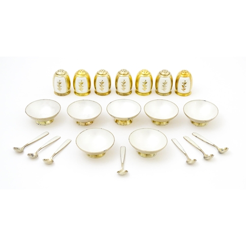 407 - Scandinavian silver: A large set of Danish silver gilt salts, spoons and pepperettes with guilloche ... 