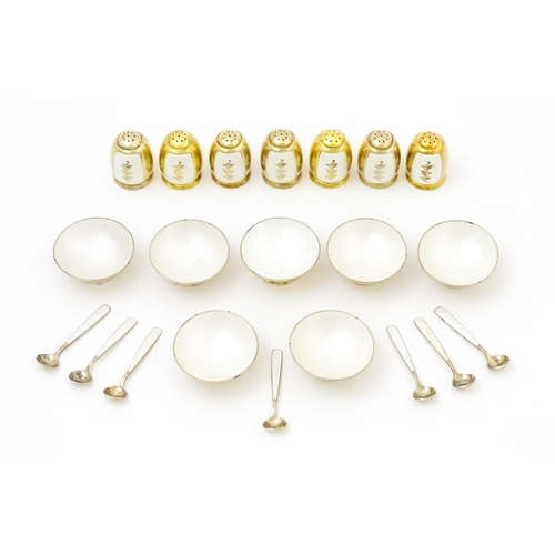 407 - Scandinavian silver: A large set of Danish silver gilt salts, spoons and pepperettes with guilloche ... 