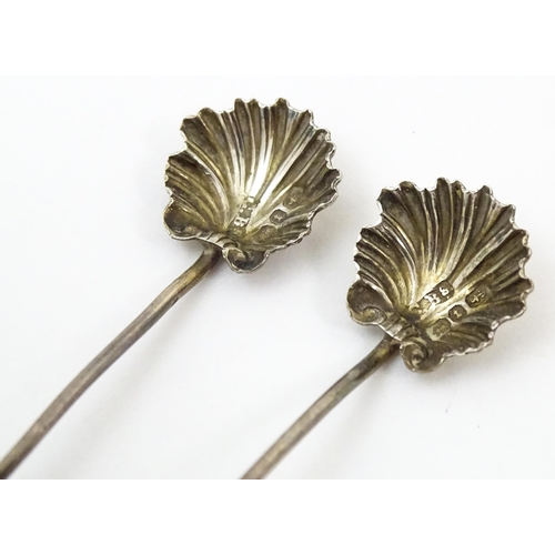 451 - A pair of Victorian silver salts and salt spoons of shell form, hallmarked Birmingham 1893, maker CB... 