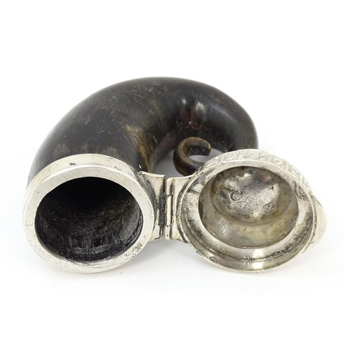 1234 - A 19thC Scottish ram horn snuff mull with white metal mount set with facet cut cairngorm. Indistinct... 