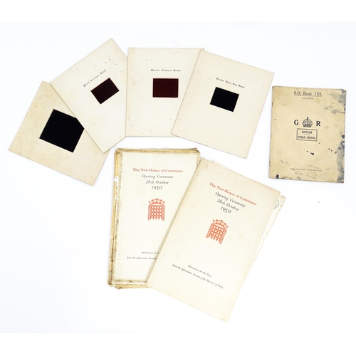 1541 - A quantity of assorted ephemera to include a 20thC S. O. stationery log book supplied for the Public... 