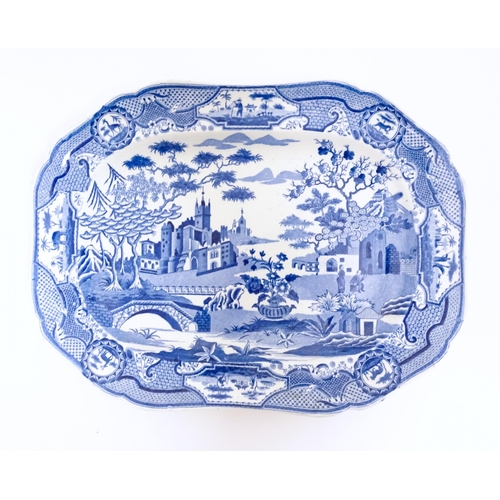 108 - A Spode blue and white meat plate in the Gothic Castle pattern. Approx. 12 1/2